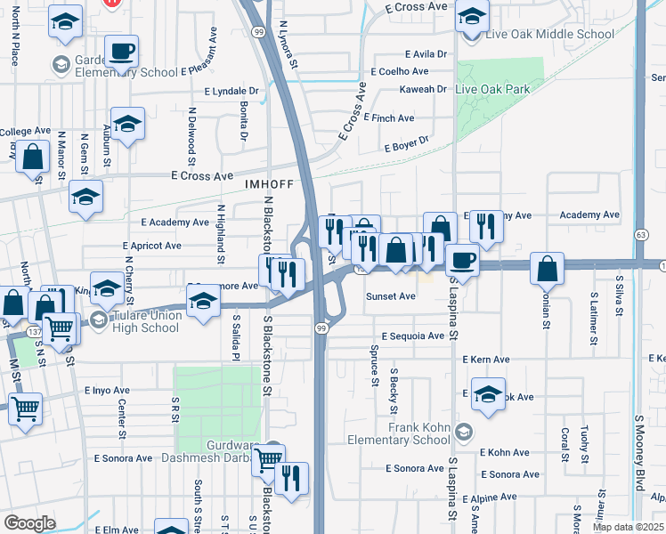 map of restaurants, bars, coffee shops, grocery stores, and more near 101 North Dayton Street in Tulare