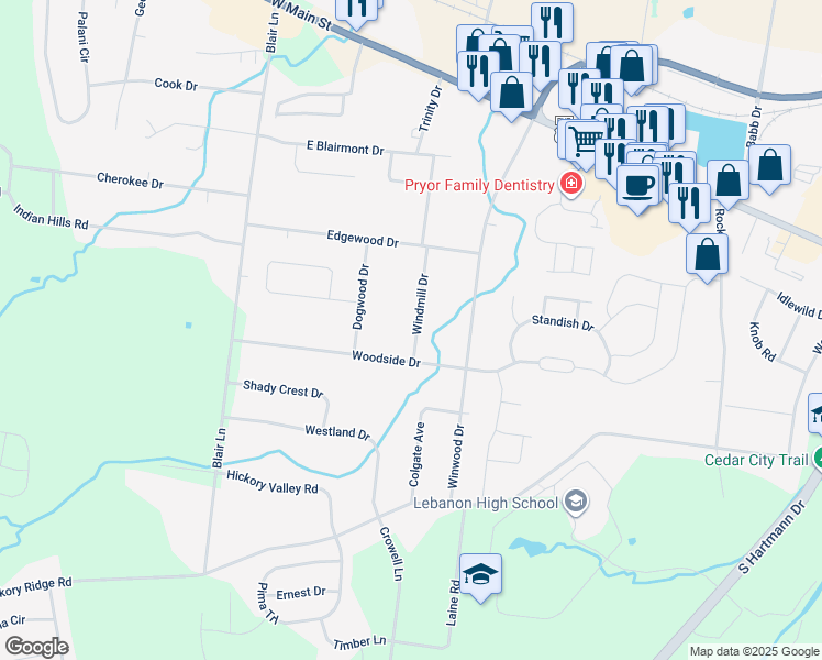 map of restaurants, bars, coffee shops, grocery stores, and more near 216 Windmill Drive in Lebanon