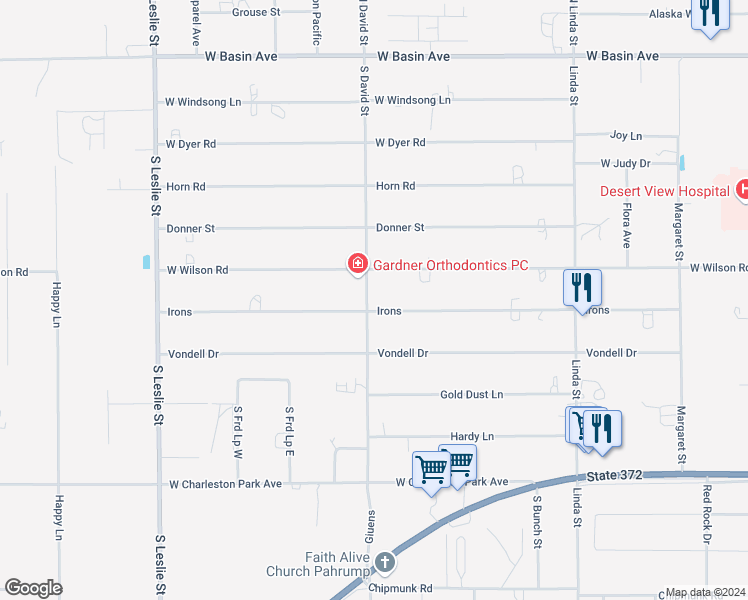 map of restaurants, bars, coffee shops, grocery stores, and more near 1480 West Irons Street in Pahrump
