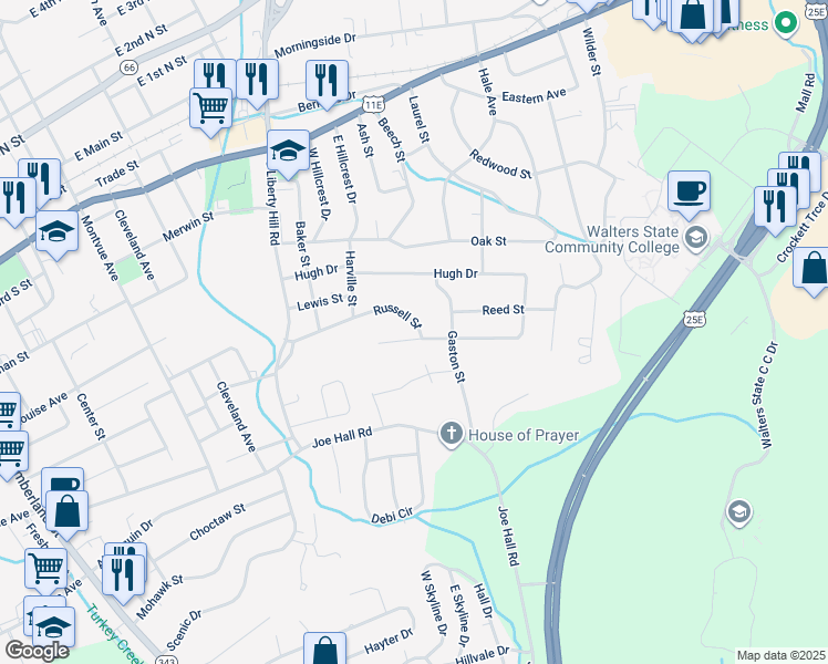 map of restaurants, bars, coffee shops, grocery stores, and more near 1444 Russell Street in Morristown