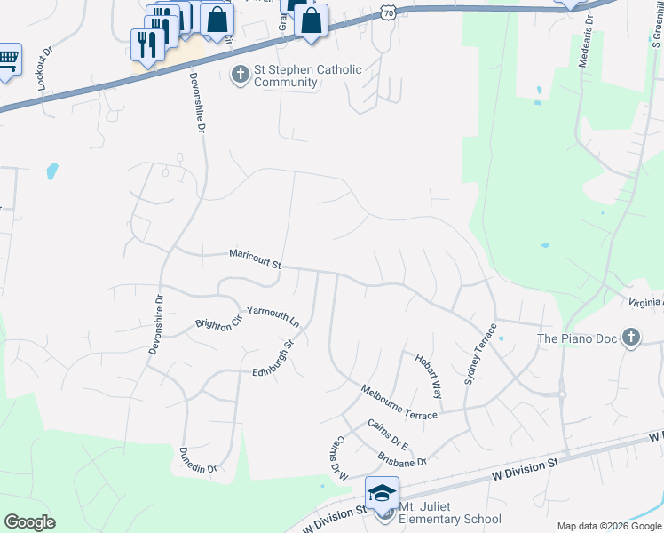 map of restaurants, bars, coffee shops, grocery stores, and more near 1076 Willoughby Station Boulevard in Mt. Juliet