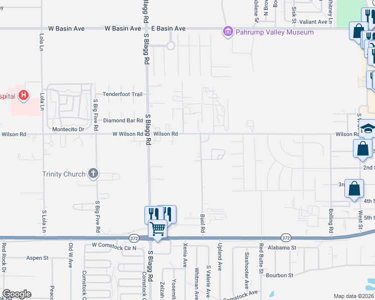 map of restaurants, bars, coffee shops, grocery stores, and more near 161 East Wilson Road in Pahrump