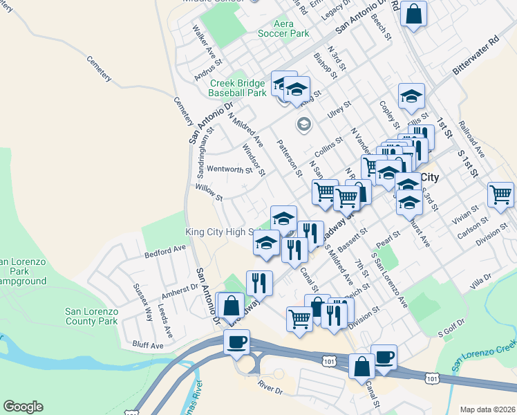 map of restaurants, bars, coffee shops, grocery stores, and more near 300 Mustang Court in King City