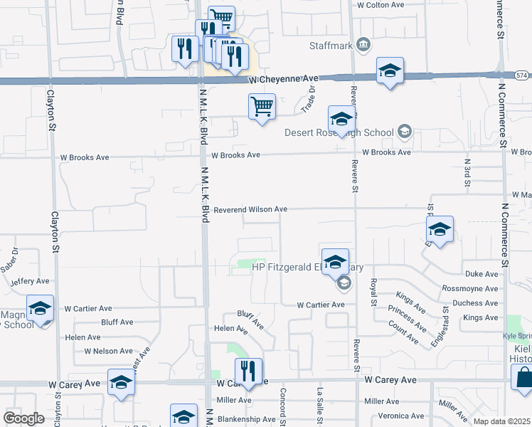 map of restaurants, bars, coffee shops, grocery stores, and more near 02 Reverend Wilson Avenue in North Las Vegas