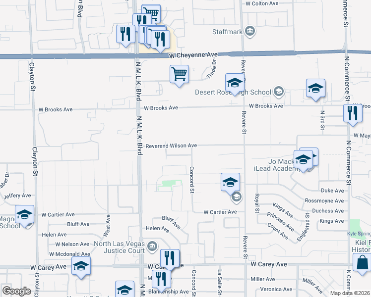 map of restaurants, bars, coffee shops, grocery stores, and more near 02 Reverend Wilson Avenue in North Las Vegas