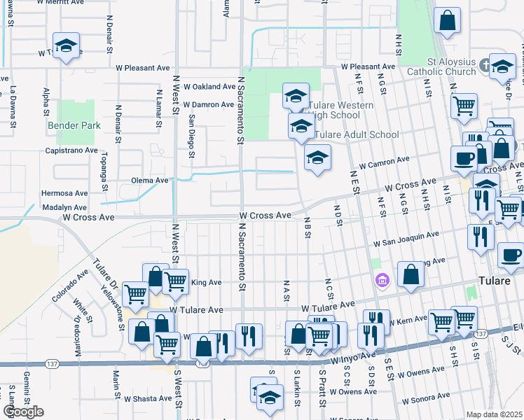 map of restaurants, bars, coffee shops, grocery stores, and more near 942 West Madalyn Avenue in Tulare