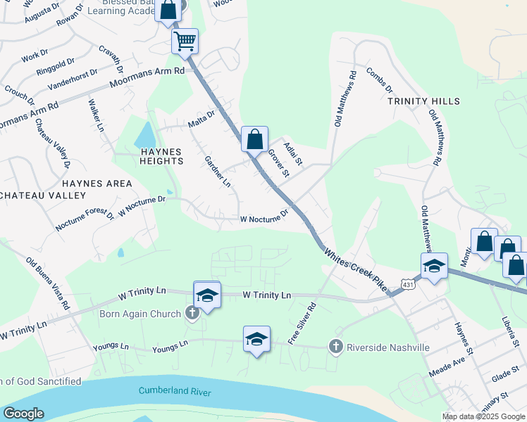 map of restaurants, bars, coffee shops, grocery stores, and more near 2404 Whites Creek Pike in Nashville