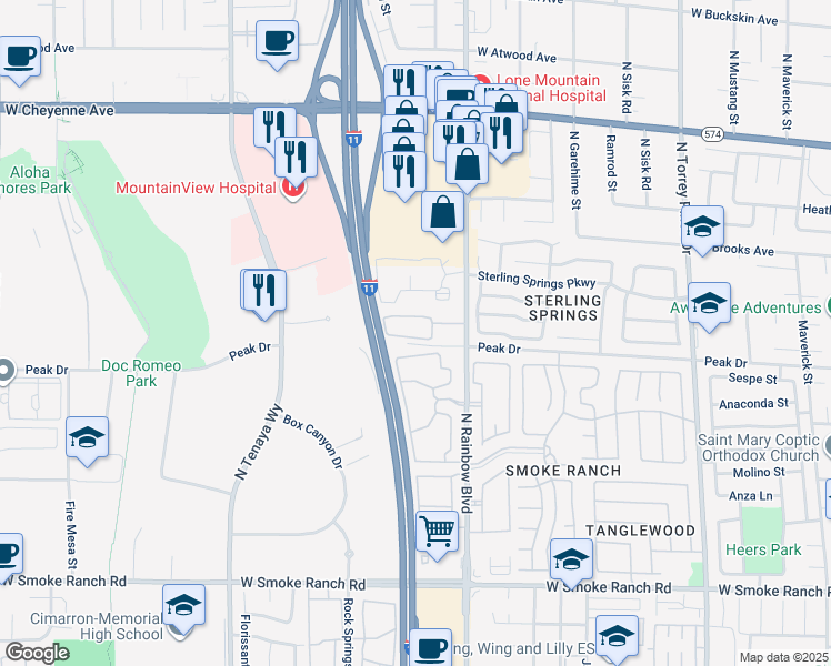 map of restaurants, bars, coffee shops, grocery stores, and more near 2801 North Rainbow Boulevard in Las Vegas