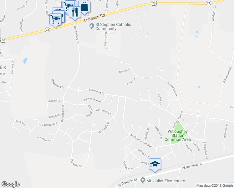 map of restaurants, bars, coffee shops, grocery stores, and more near 2145 Maricourt Street in Mount Juliet