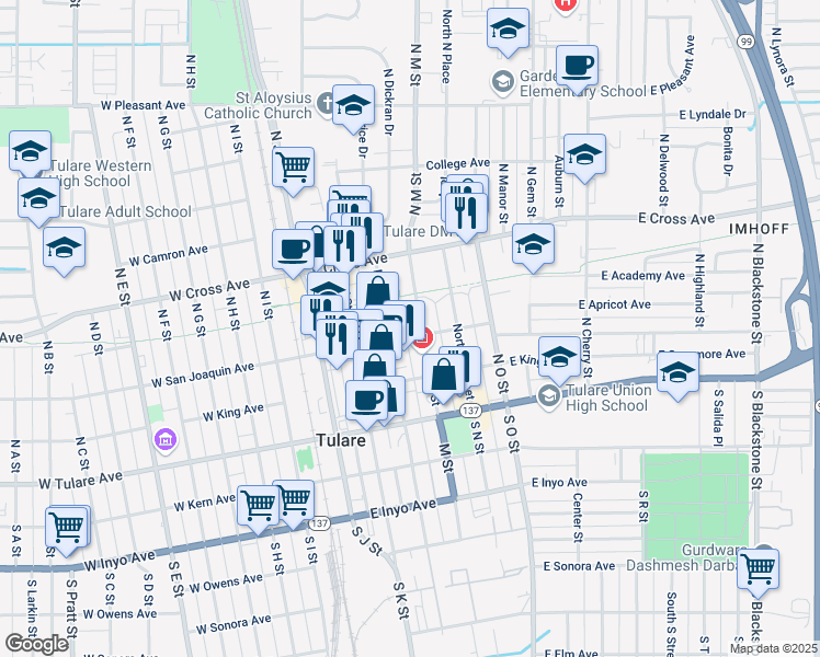 map of restaurants, bars, coffee shops, grocery stores, and more near 328 East San Joaquin Avenue in Tulare