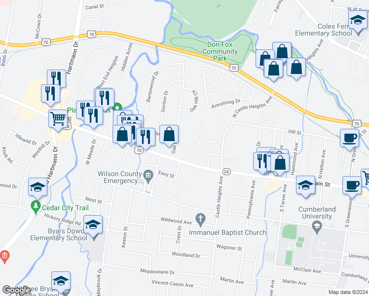 map of restaurants, bars, coffee shops, grocery stores, and more near 731 West Main Street in Lebanon