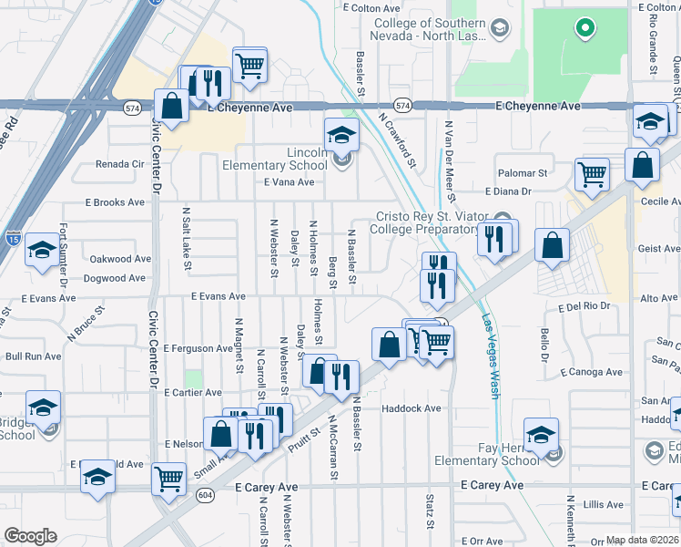 map of restaurants, bars, coffee shops, grocery stores, and more near 2816 Berg Street in North Las Vegas