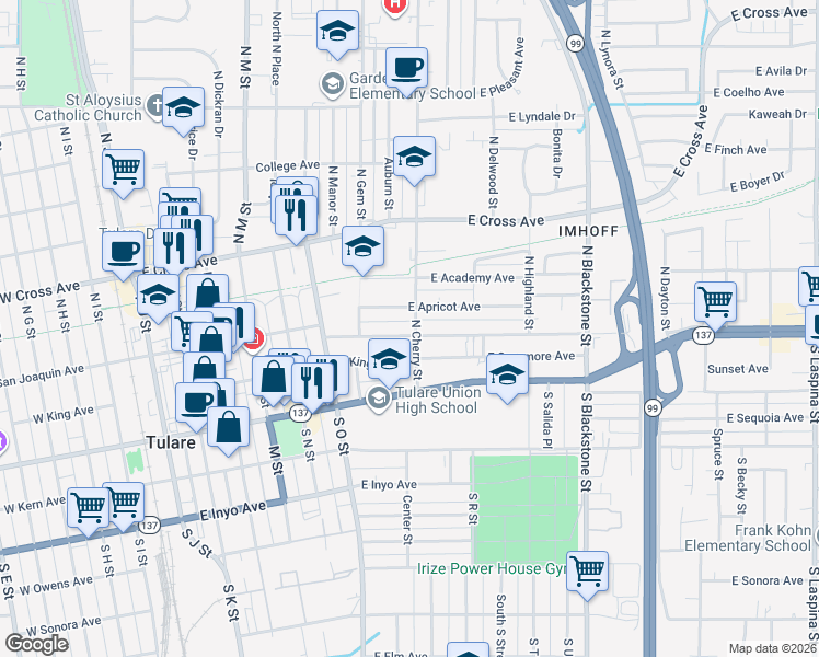map of restaurants, bars, coffee shops, grocery stores, and more near 748 East San Joaquin Avenue in Tulare