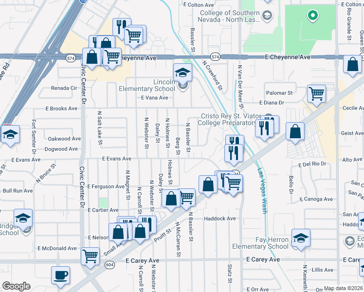 map of restaurants, bars, coffee shops, grocery stores, and more near 2820 Bassler Street in North Las Vegas
