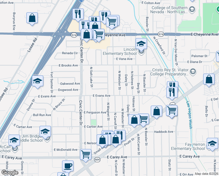 map of restaurants, bars, coffee shops, grocery stores, and more near 2308 Dogwood Avenue in North Las Vegas