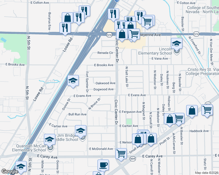 map of restaurants, bars, coffee shops, grocery stores, and more near 1621 Oakwood Avenue in North Las Vegas