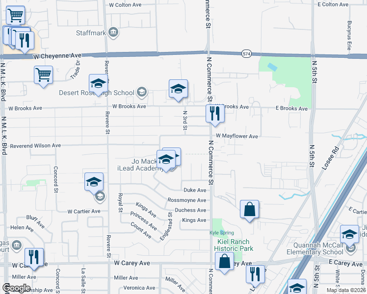 map of restaurants, bars, coffee shops, grocery stores, and more near 300 West Mayflower Avenue in North Las Vegas