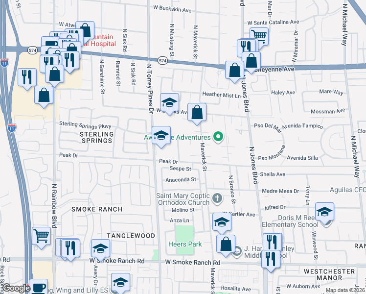 map of restaurants, bars, coffee shops, grocery stores, and more near 2880 North Mustang Street in Las Vegas