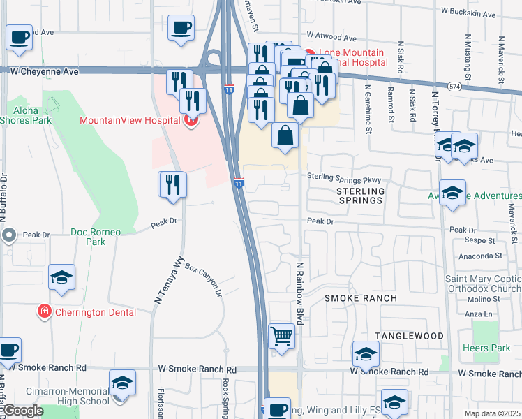map of restaurants, bars, coffee shops, grocery stores, and more near 2801 North Rainbow Boulevard in Las Vegas