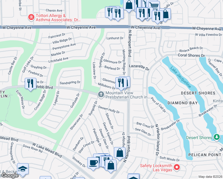 map of restaurants, bars, coffee shops, grocery stores, and more near 8528 Millsboro Drive in Las Vegas