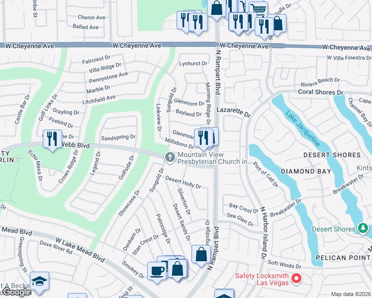 map of restaurants, bars, coffee shops, grocery stores, and more near 8528 Millsboro Drive in Las Vegas
