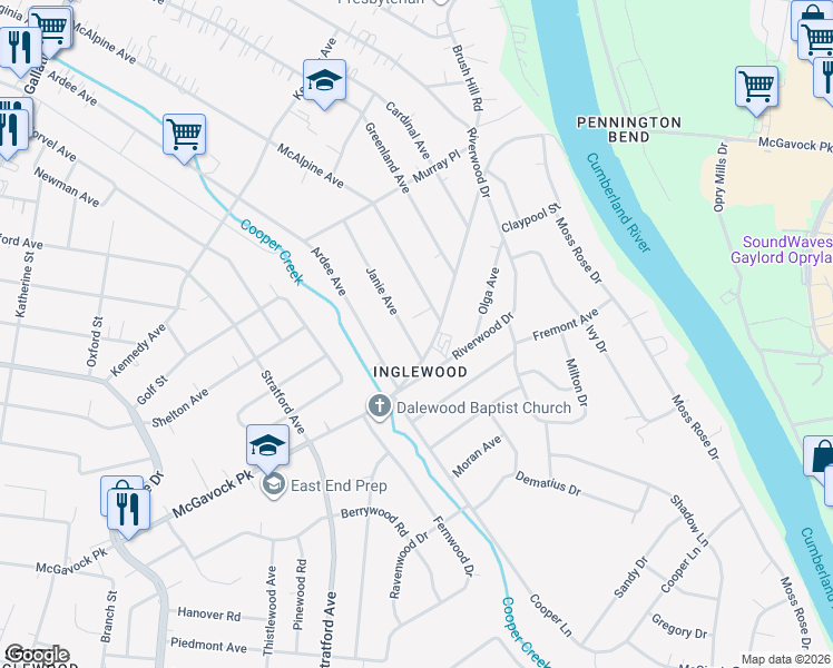 map of restaurants, bars, coffee shops, grocery stores, and more near 1450 Janie Avenue in Nashville