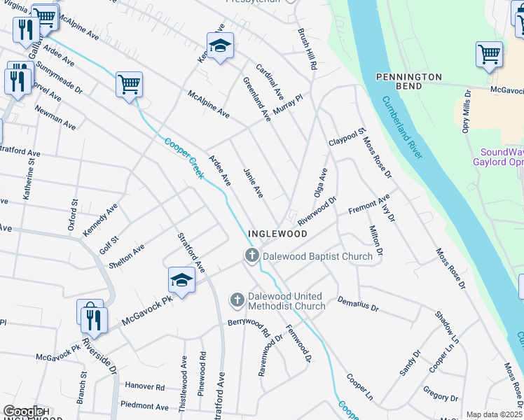 map of restaurants, bars, coffee shops, grocery stores, and more near 1450 Janie Avenue in Nashville