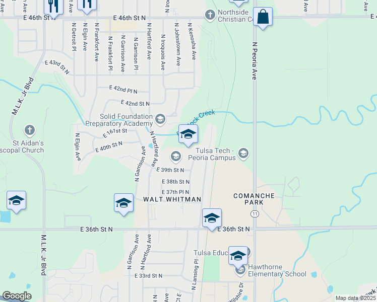 map of restaurants, bars, coffee shops, grocery stores, and more near 909 East 39th Place North in Tulsa