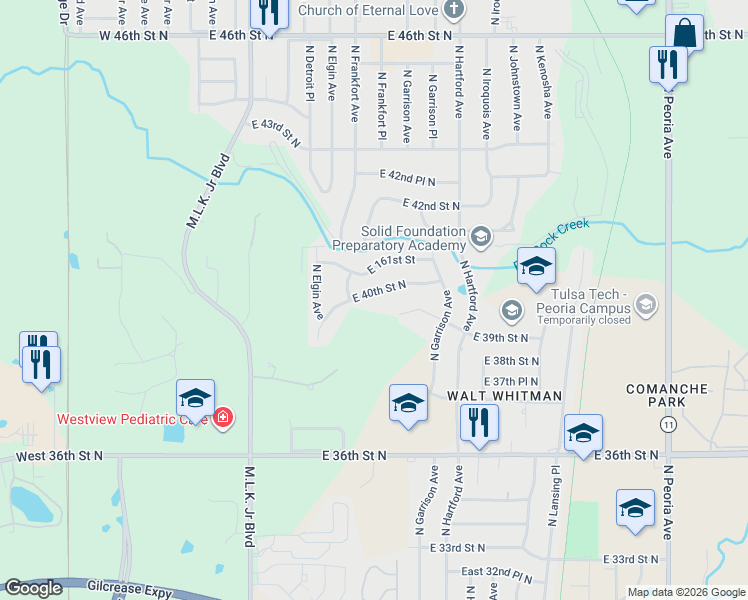 map of restaurants, bars, coffee shops, grocery stores, and more near 530 East 40th Street North in Tulsa