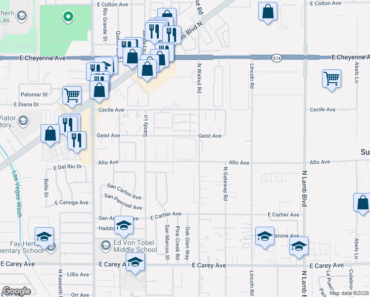 map of restaurants, bars, coffee shops, grocery stores, and more near 2855 North Walnut Road in Las Vegas