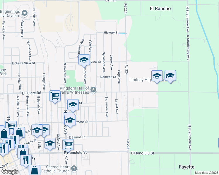 map of restaurants, bars, coffee shops, grocery stores, and more near 741 Laurel Ave in Lindsay