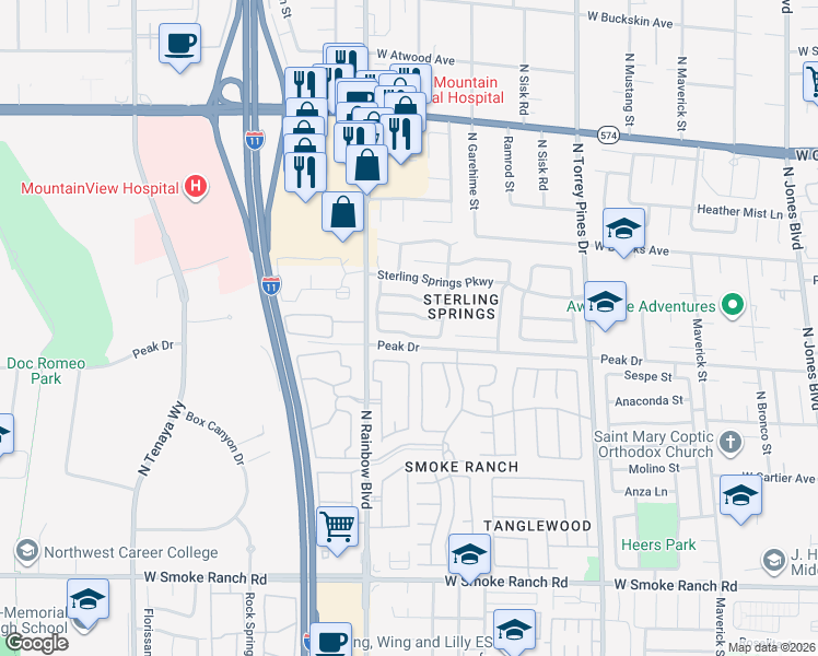 map of restaurants, bars, coffee shops, grocery stores, and more near 6700 Silver Spoon Drive in Las Vegas