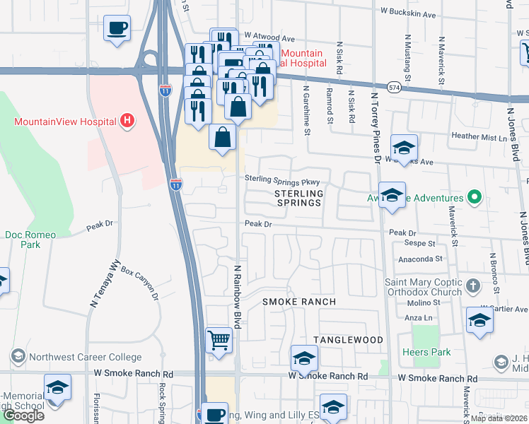 map of restaurants, bars, coffee shops, grocery stores, and more near 6700 Silver Spoon Drive in Las Vegas