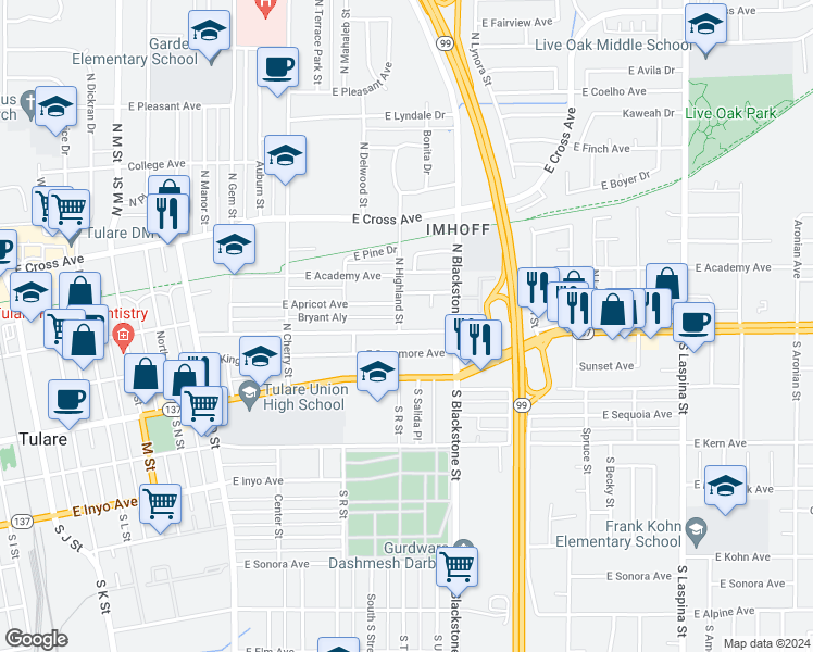 map of restaurants, bars, coffee shops, grocery stores, and more near 1008 East San Joaquin Avenue in Tulare