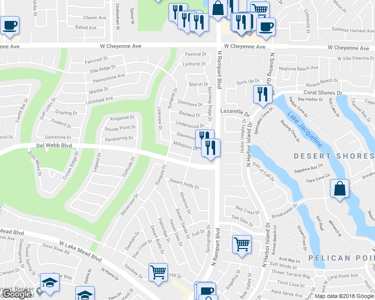 map of restaurants, bars, coffee shops, grocery stores, and more near 8533 Millsboro Drive in Las Vegas