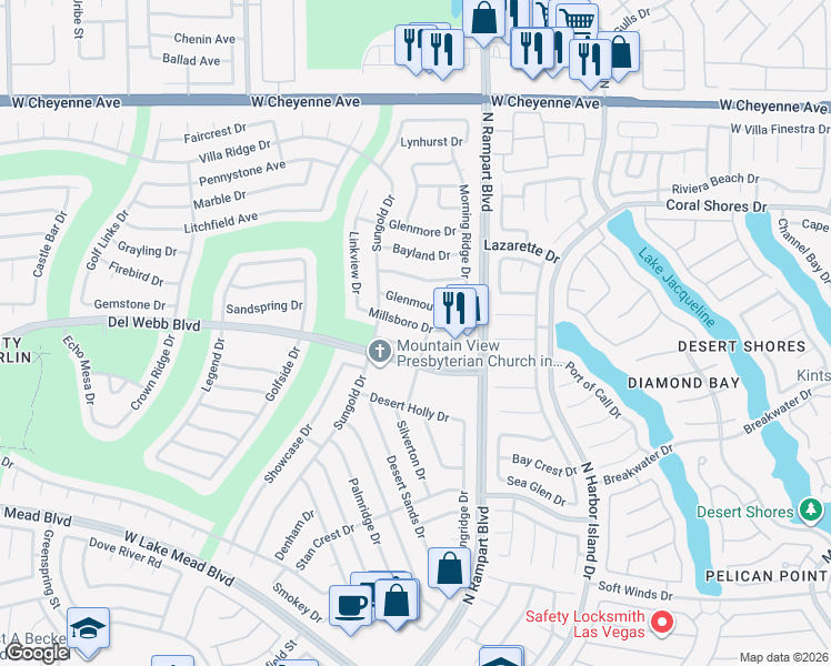 map of restaurants, bars, coffee shops, grocery stores, and more near 8533 Millsboro Drive in Las Vegas