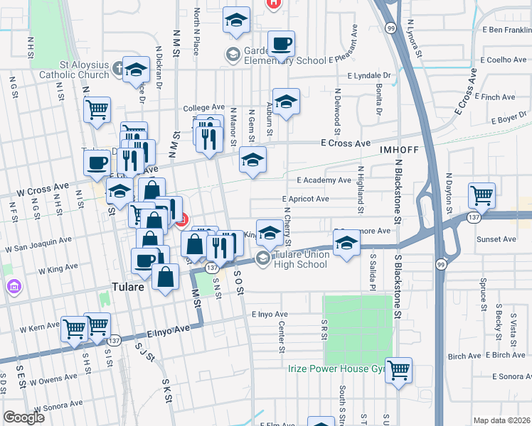 map of restaurants, bars, coffee shops, grocery stores, and more near 748 East San Joaquin Avenue in Tulare
