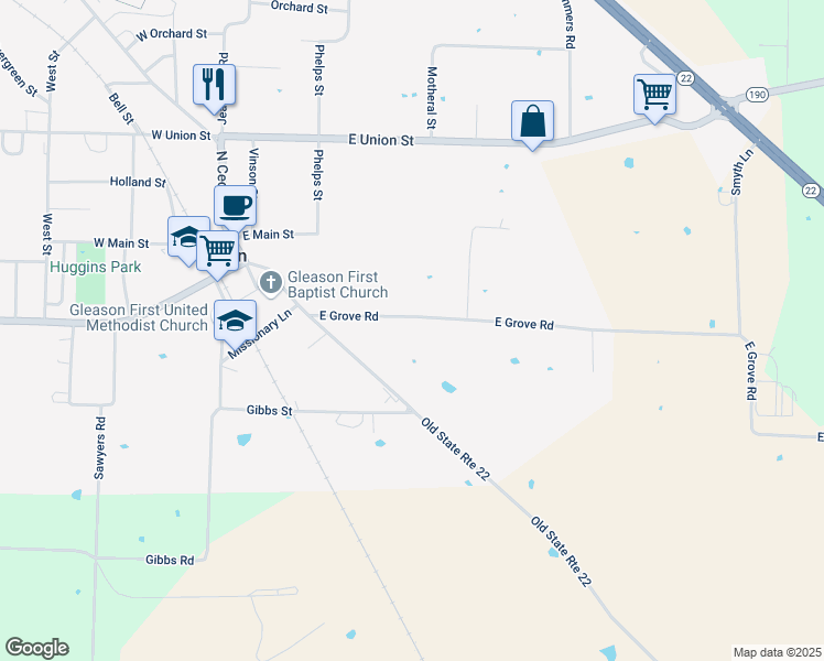 map of restaurants, bars, coffee shops, grocery stores, and more near 109 E Grove Rd in Gleason