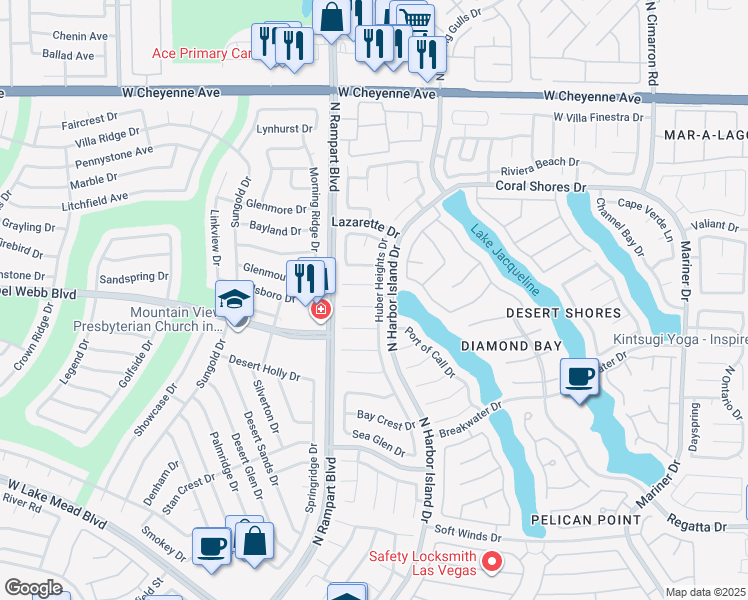 map of restaurants, bars, coffee shops, grocery stores, and more near 8400 Honeywood Circle in Las Vegas