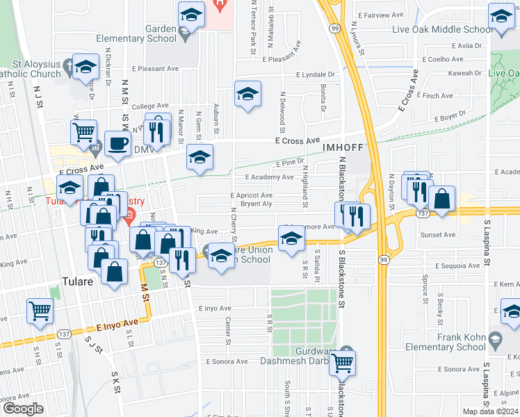 map of restaurants, bars, coffee shops, grocery stores, and more near 874 East San Joaquin Avenue in Tulare