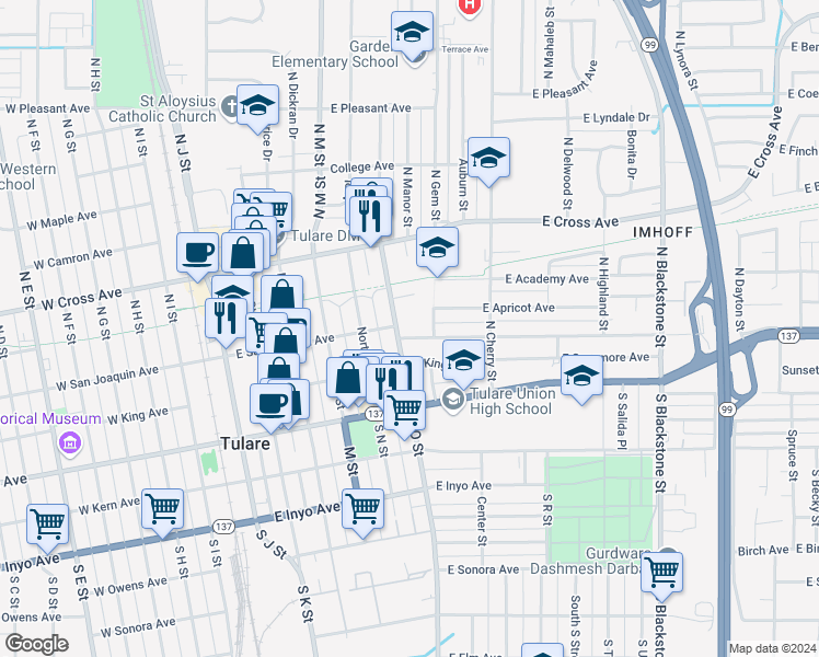 map of restaurants, bars, coffee shops, grocery stores, and more near 620 East San Joaquin Avenue in Tulare