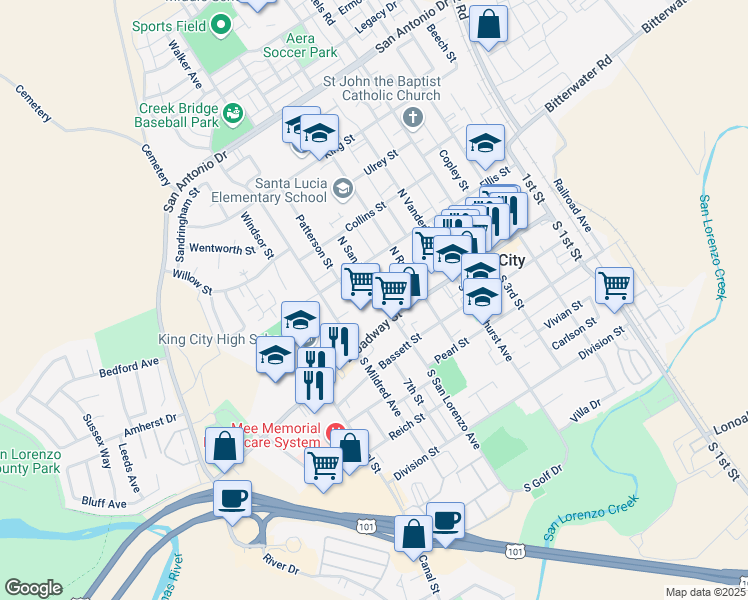 map of restaurants, bars, coffee shops, grocery stores, and more near 121 North San Lorenzo Street in King City