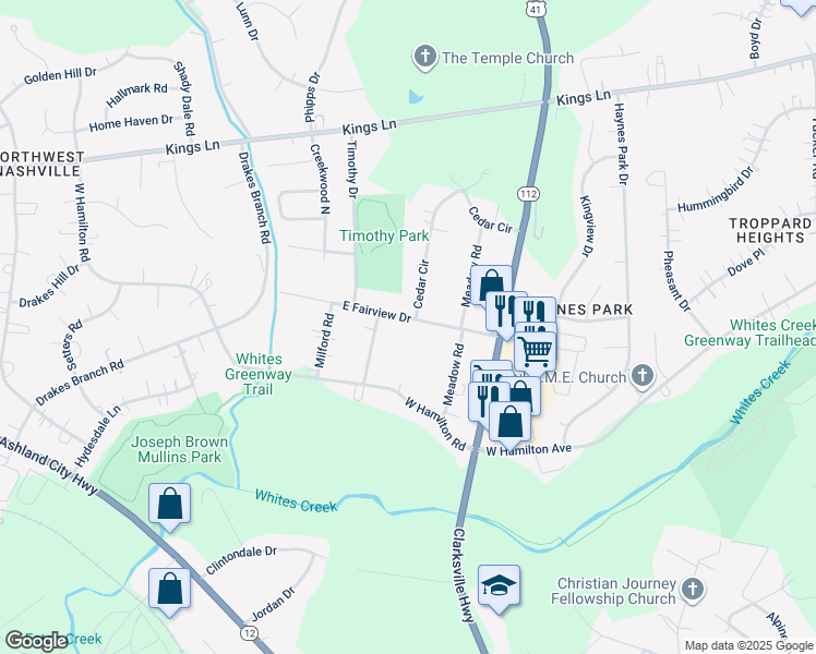 map of restaurants, bars, coffee shops, grocery stores, and more near 3721 East Fairview Drive in Nashville