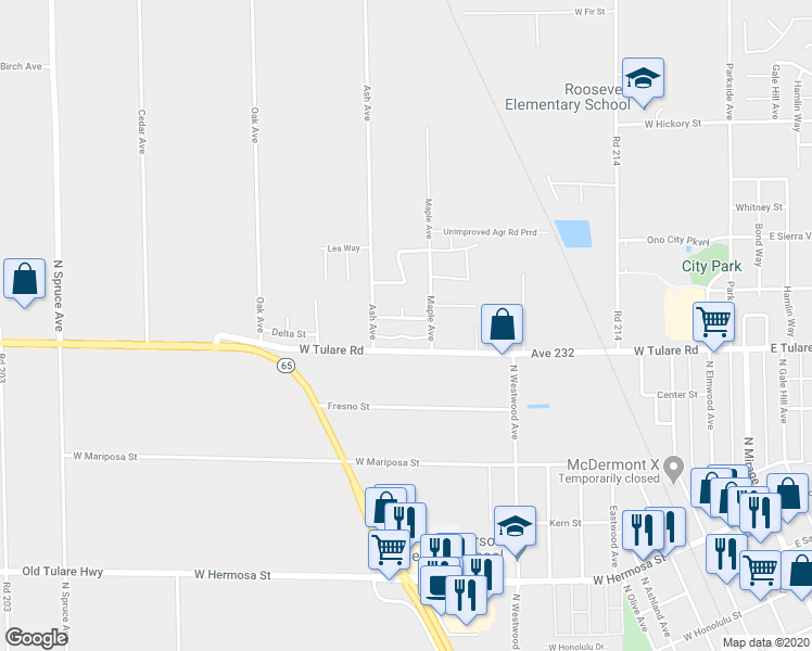 map of restaurants, bars, coffee shops, grocery stores, and more near 950 West Fairview Drive in Lindsay