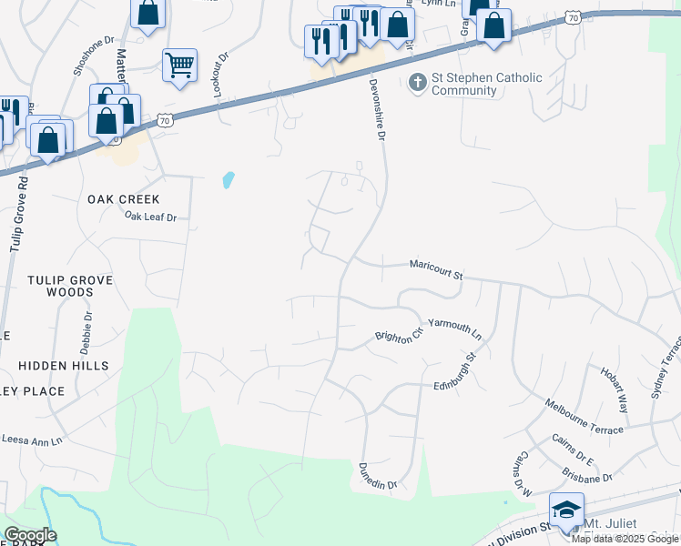 map of restaurants, bars, coffee shops, grocery stores, and more near 2300C Devonshire Drive in Mt. Juliet