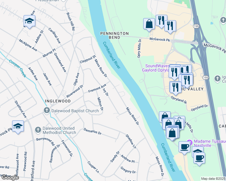 map of restaurants, bars, coffee shops, grocery stores, and more near 3945 Moss Rose Drive in Nashville