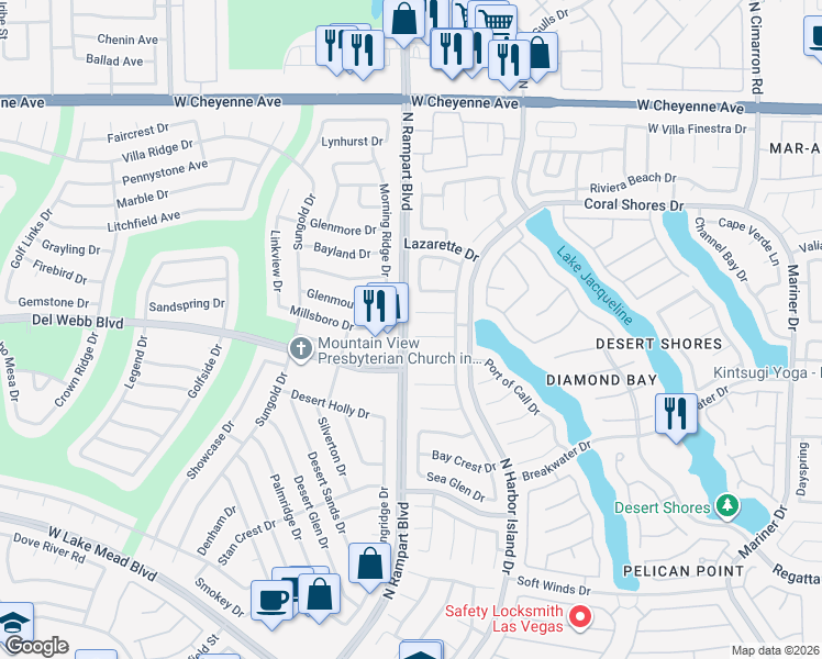 map of restaurants, bars, coffee shops, grocery stores, and more near 8432 Honeywood Circle in Las Vegas