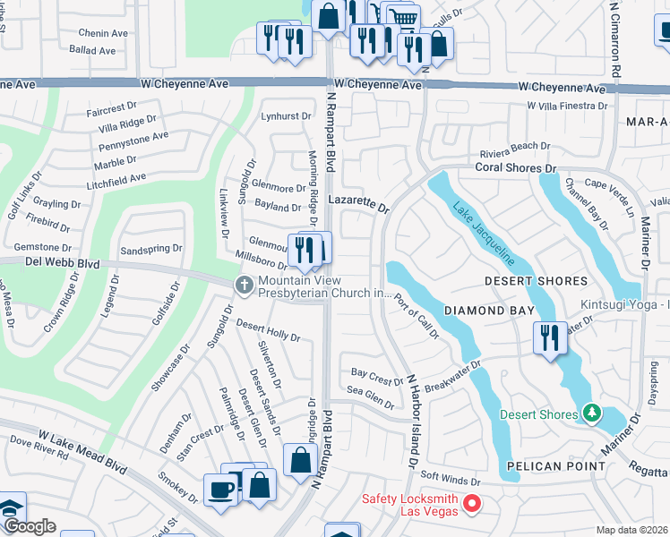 map of restaurants, bars, coffee shops, grocery stores, and more near 8432 Honeywood Circle in Las Vegas