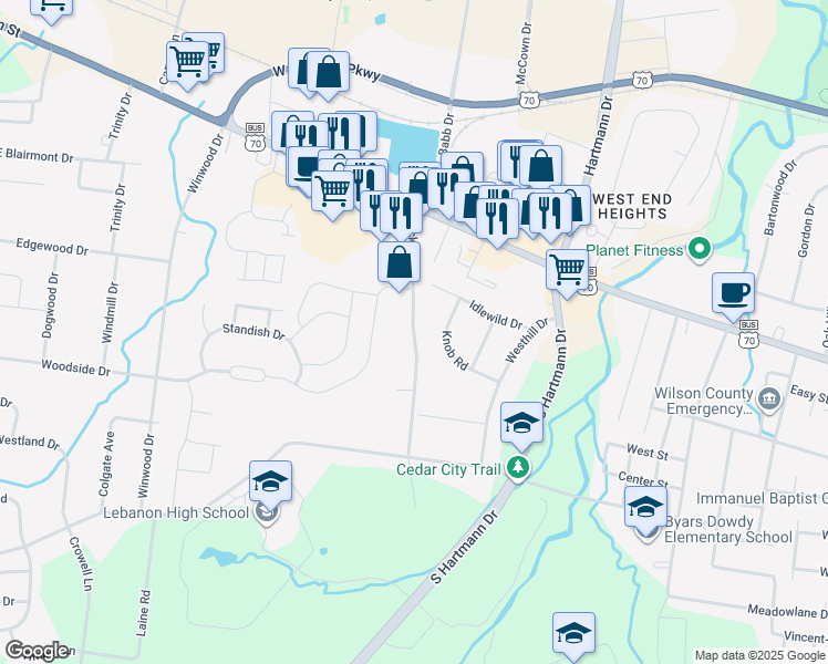 map of restaurants, bars, coffee shops, grocery stores, and more near 123B Rocky Road in Lebanon