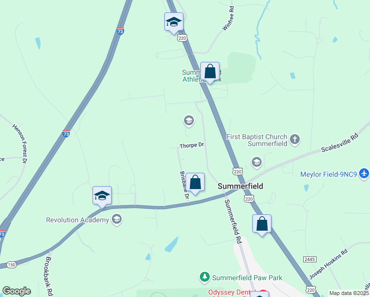map of restaurants, bars, coffee shops, grocery stores, and more near 5409 Thorpe Drive in Summerfield